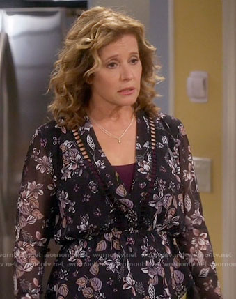 Vanessa's black leaf print blouse on Last Man Standing