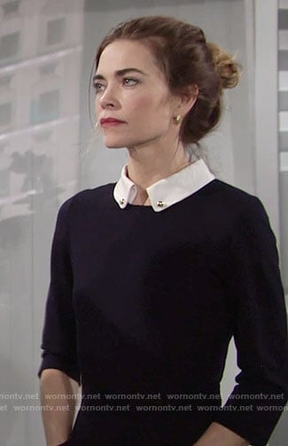 Victoria's navy dress with front pockets and white collar on The Young and the Restless