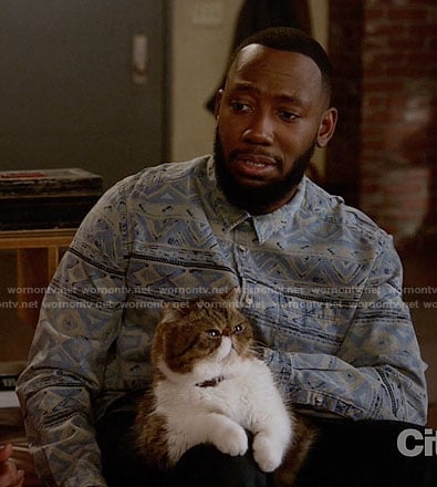 Winston's blue and grey printed shirt on New Girl