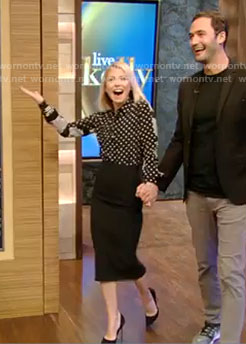 Kelly's polka dot shirt with striped back and skirt on Live with Kelly