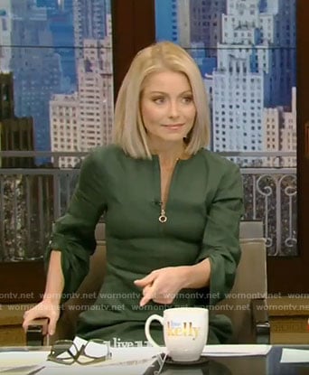 Kelly's green zip front dress with gathered sleeves on Live with Kelly