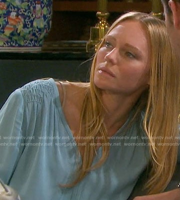 Abigail's blue blouse with smocked shoulders on Days of our Lives