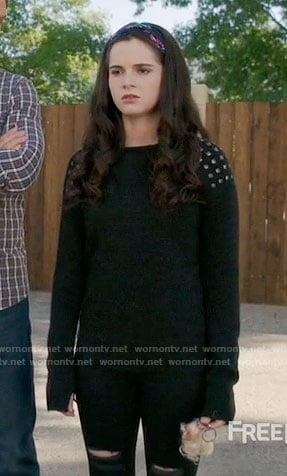 Bay's black sweater with studded shoulders on Switched at Birth