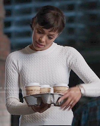 Camille's white cable knit sweater on Bones