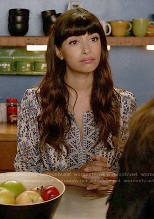 Cece's blue printed split-neck dress on New Girl