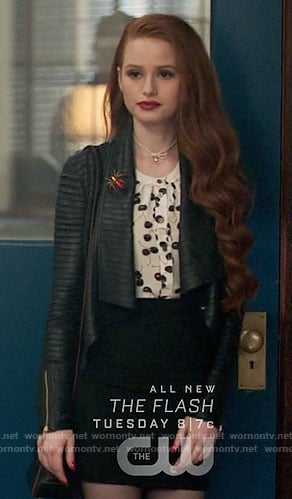 Cheryl's cherry print top and leather jacket on Riverdale