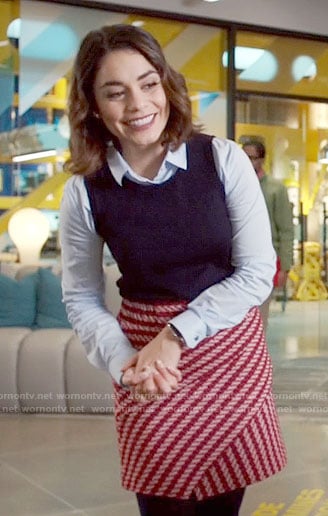Emily's pink and red diagonal striped skirt on Powerless