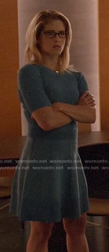 Felicity's blue ribbed top and skirt on Arrow