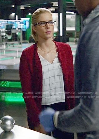 Felicity's white checked v-neck top and red tweed jacket on Arrow
