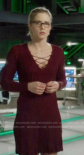 Felicity's burgundy lace-up dress on Arrow