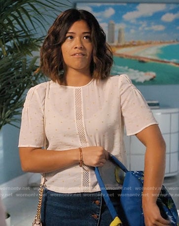 Jane's white and yellow embroidered top with mesh panel on Jane the Virgin