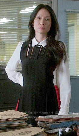Joan's black, white, and red colorblock shirtdress on Elementary