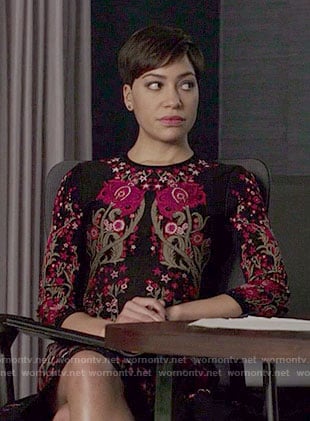 Lucca's black and pink floral dress on The Good Fight