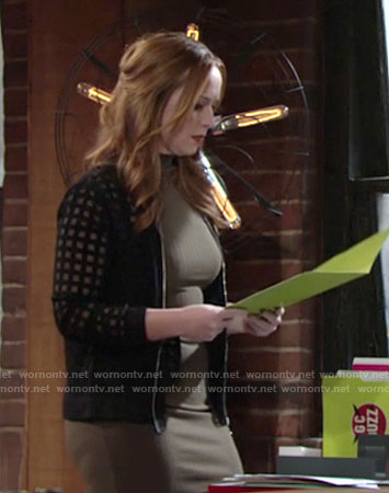Mariah's olive green dress and sheer checked jacket on The Young and the Restless