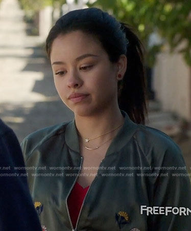 Mariana's green embroidered bomber jacket and wedges on The Fosters