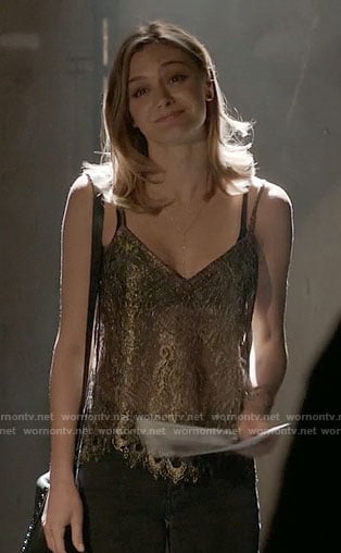 Megan's gold lace camisole on The Arrangement