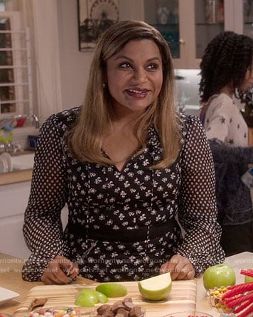Mindy's black floral and polka dot print dress on The Mindy Project