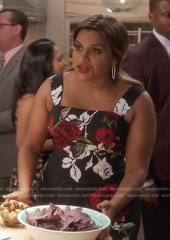 Mindy's black rose print dress on The Mindy Project