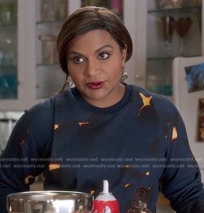 Mindy's navy and orange print sweatshirt on The Mindy Project