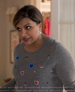 Mindy's grey heart embellished sweater on The Mindy Project