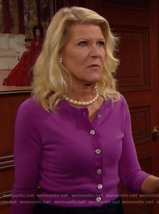 Pam's purple cardigan with jewel buttons on The Bold and the Beautiful