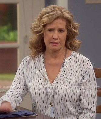Vanessa's white dashed print blouse on Last Man Standing