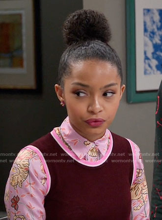 Zoey's pink tiger print shirt and burgundy shell on Black-ish