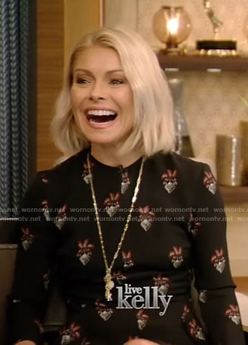 Kelly's black flower print midi dress on Live With Kelly