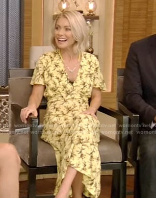 Kelly's yellow print v-neck dress on Live With Kelly