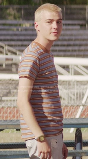 Alex's brown and blue striped shirt on 13 Reasons Why