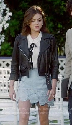 Aria's blue lace skirt, white top with bows and leather jacket on Pretty Little Liars