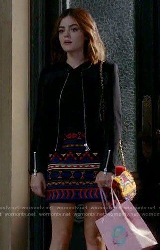 Aria's geometric patterned skirt on Pretty Little Liars