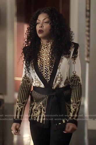 Cookie's black, white, and gold patterned jacket on Empire