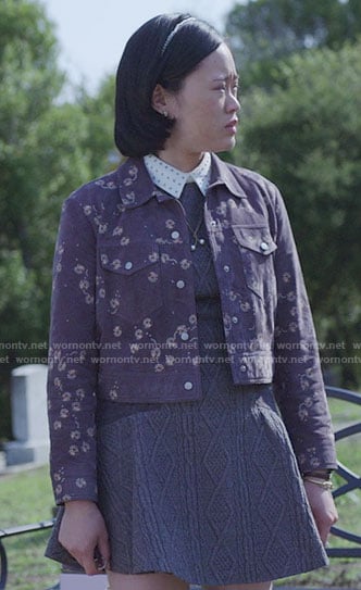 Courtney's grey cable knit top and skirt on 13 Reasons Why