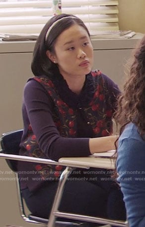 Courtney's cherry print cardigan on 13 Reasons Why