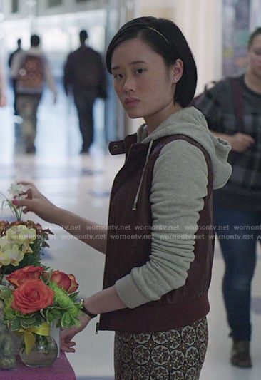 Courtney's burgundy leather hoodie and patterned skirt on 13 Reasons Why