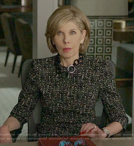 Diane's black tweed print dress on The Good Fight