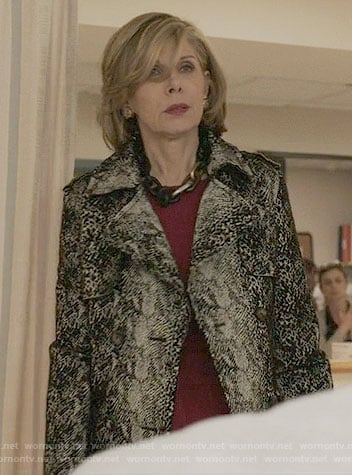 Diane's snakeskin print trench coat on The Good Fight