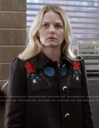 Emma's black coat with floral embroidery on Once Upon a Time