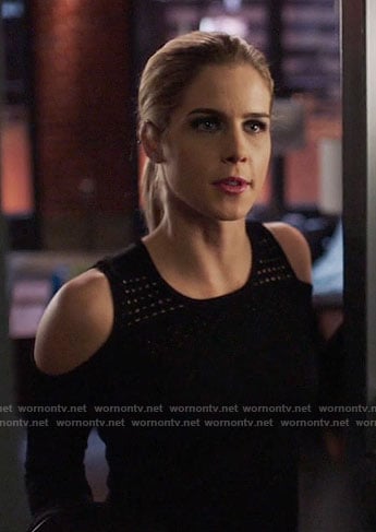 Felicity's black mesh cold-shoulder sweater on Arrow