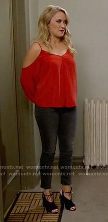Gabi's red cold-shoulder top and tie up booties on Young and Hungry