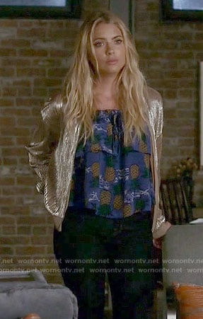Hanna's blue pineapple print top and metallic bomber jacket on Pretty Little Liars