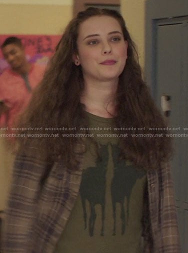 Hannah's green horse print top on 13 Reasons Why
