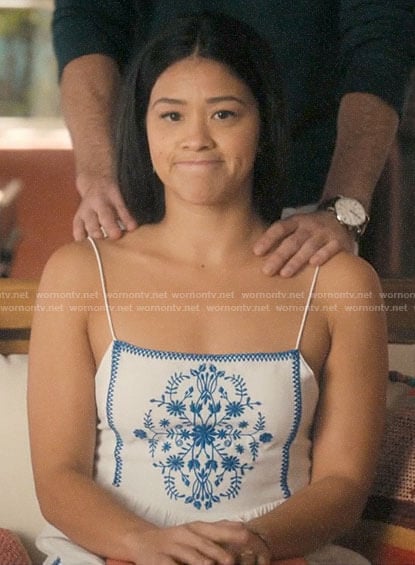 Jane's white dress with blue embroidery on Jane the Virgin