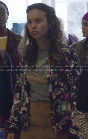 Jessica's blue floral bomber jacket on 13 Reasons Why