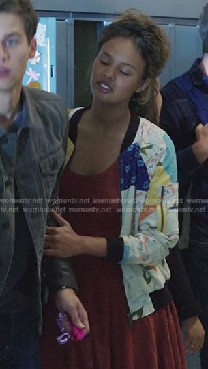 Jessica's patchwork print bomber jacket on 13 Reasons Why