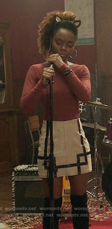 Josie's pink ribbed top and bordered skirt on Riverdale