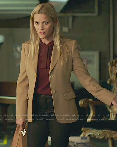 Madeline's burgundy tie-neck top and camel blazer on Big Little Lies