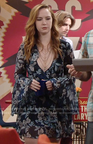 Mariah's blue floral bell-sleeve dress on The Young and the Restless