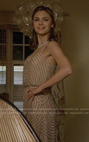 Megan's beige beaded gown on The Arrangement